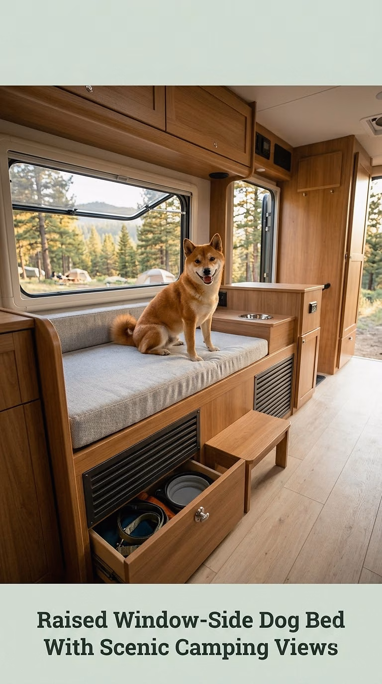 Raised Window-Side Dog Bed With Scenic Camping Views