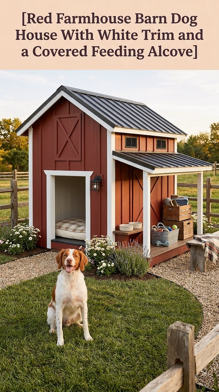 Red Farmhouse Barn Dog House With White Trim and a Covered Feeding Alcove