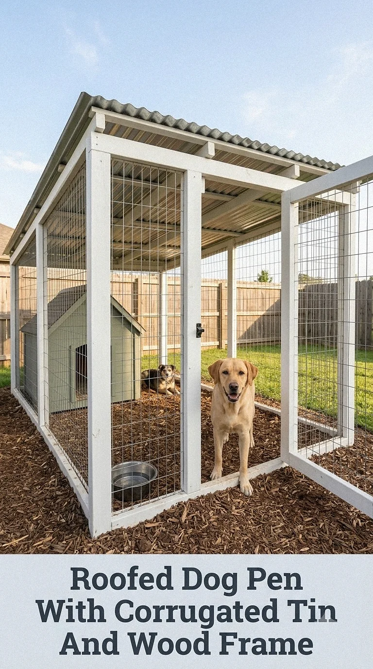 Roofed Dog Pen With Corrugated Tin And Wood Frame