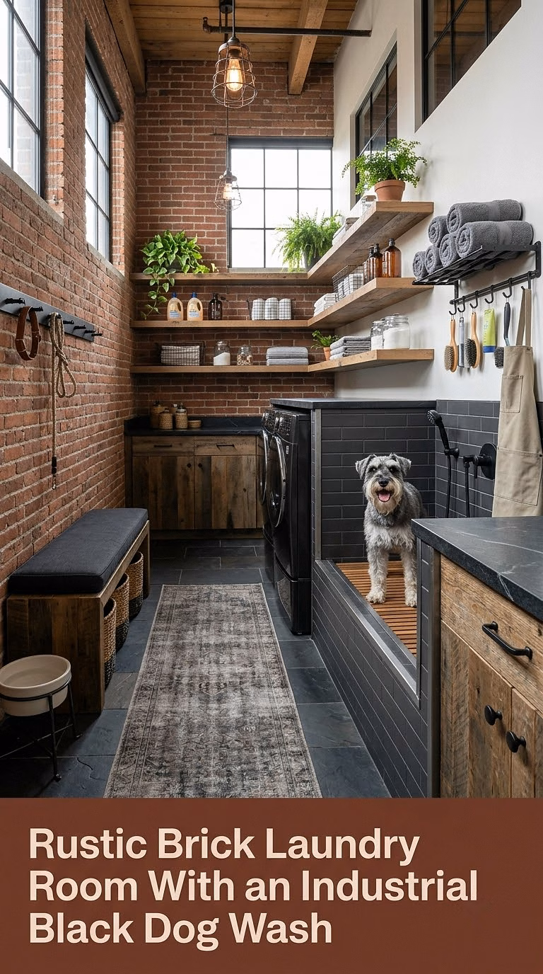 7. Rustic Brick Laundry Room With an Industrial Black Dog Wash