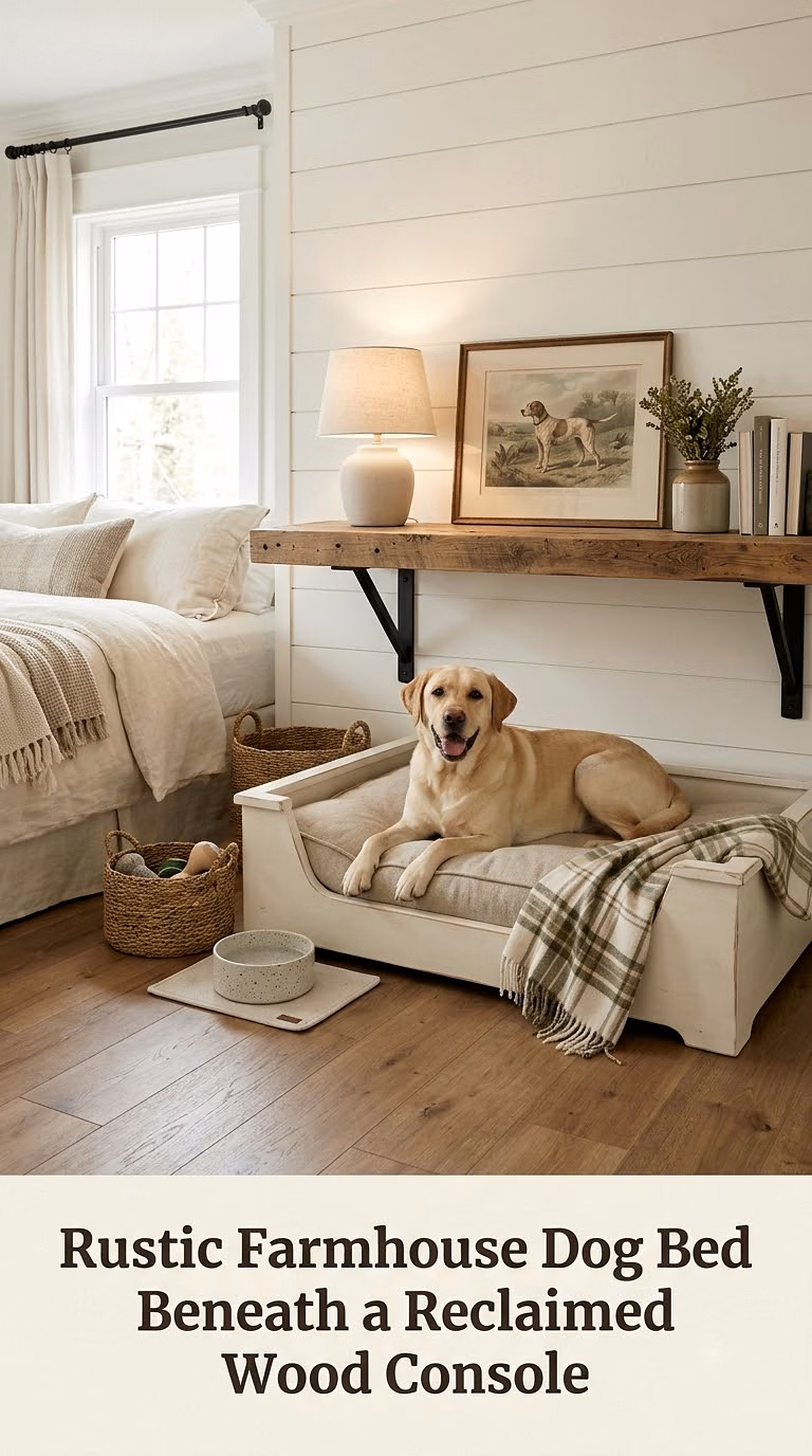 Rustic Farmhouse Dog Bed Beneath a Reclaimed Wood Console