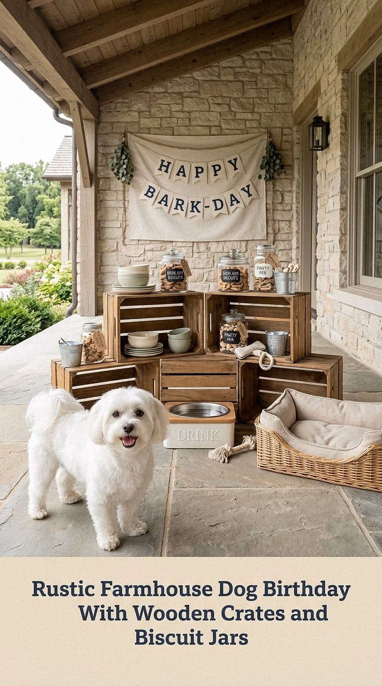 Rustic Farmhouse Dog Birthday With Wooden Crates and Biscuit Jars