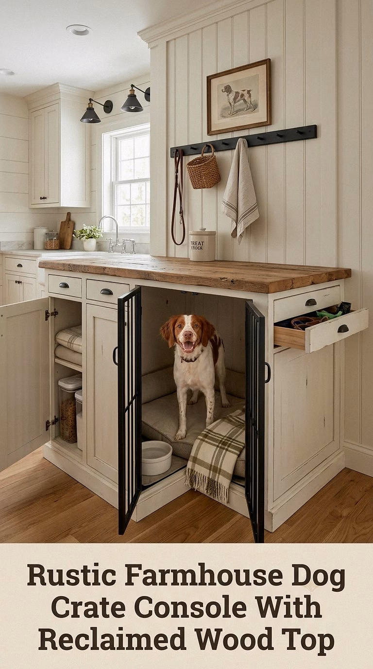 Rustic Farmhouse Dog Crate Console With Reclaimed Wood Top