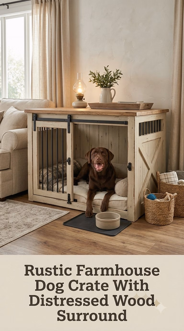 Rustic Farmhouse Dog Crate With Distressed Wood Surround