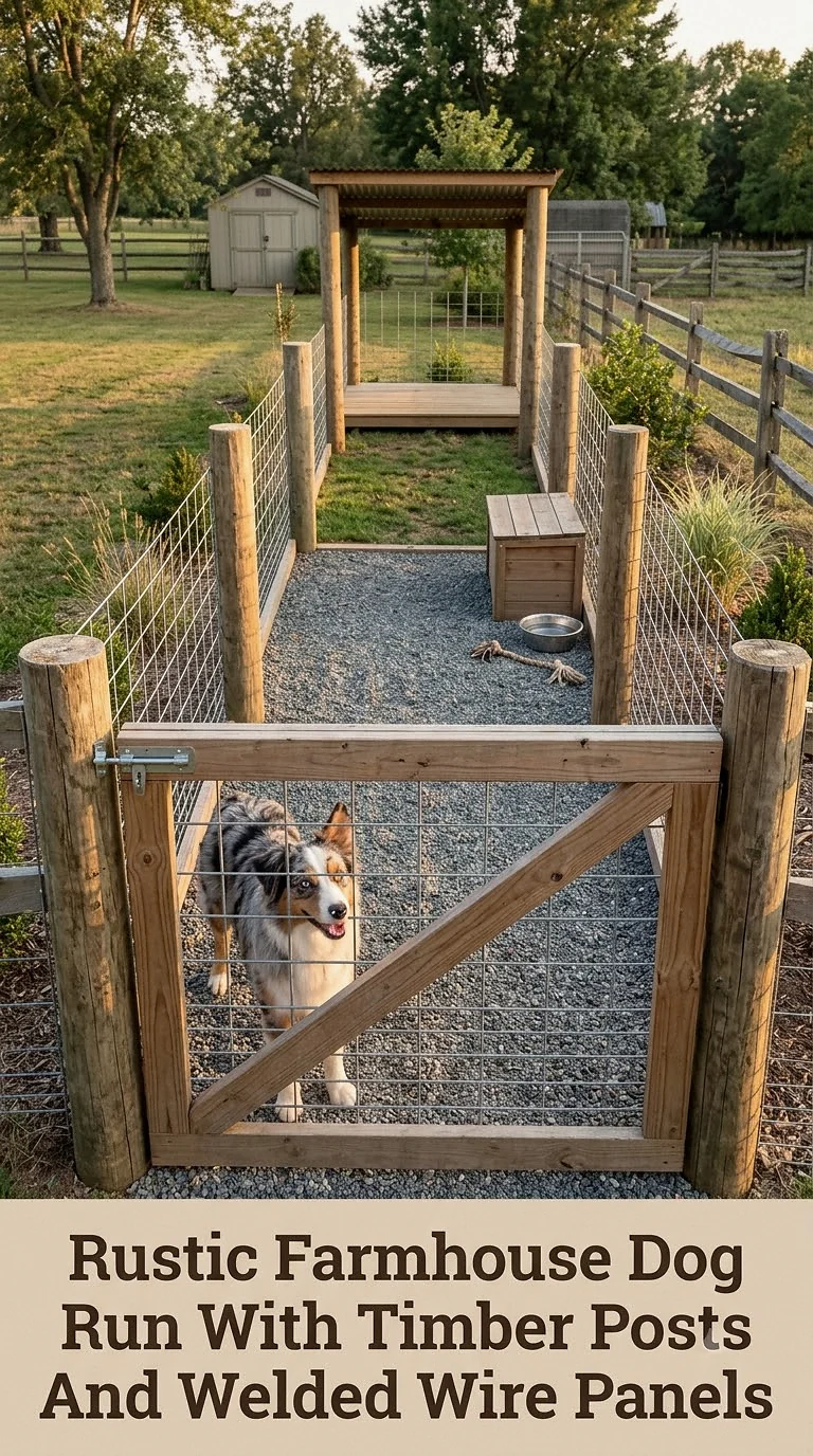 Rustic Farmhouse Dog Run With Timber Posts And Welded Wire Panels
