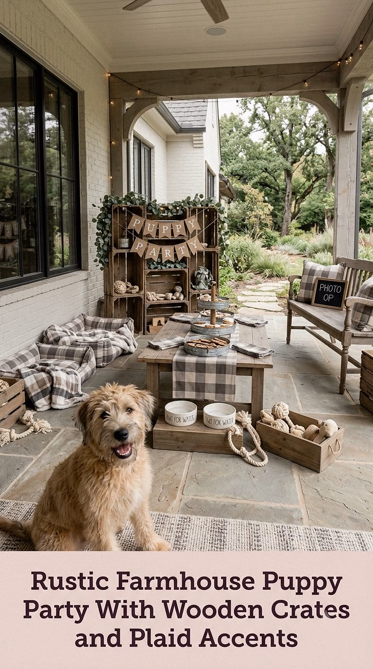 Rustic Farmhouse Puppy Party With Wooden Crates and Plaid Accents