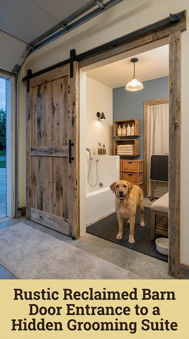 Rustic Reclaimed Barn Door Entrance to a Hidden Grooming Suite