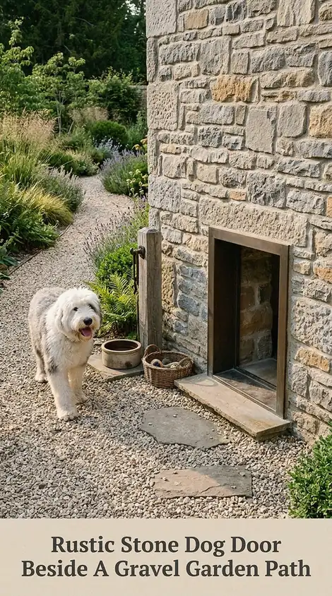 Rustic Stone Dog Door Beside A Gravel Garden Path