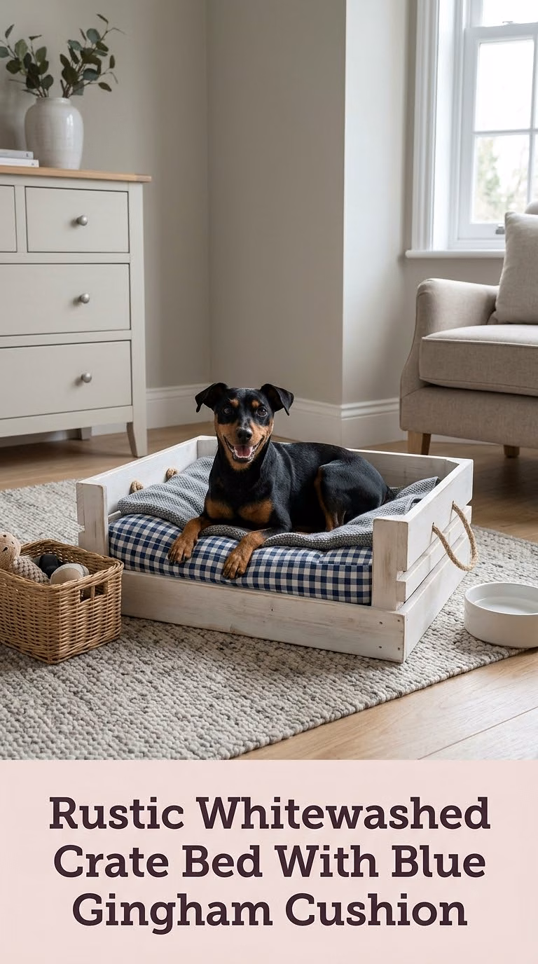 Rustic Whitewashed Crate Bed With Blue Gingham Cushion
