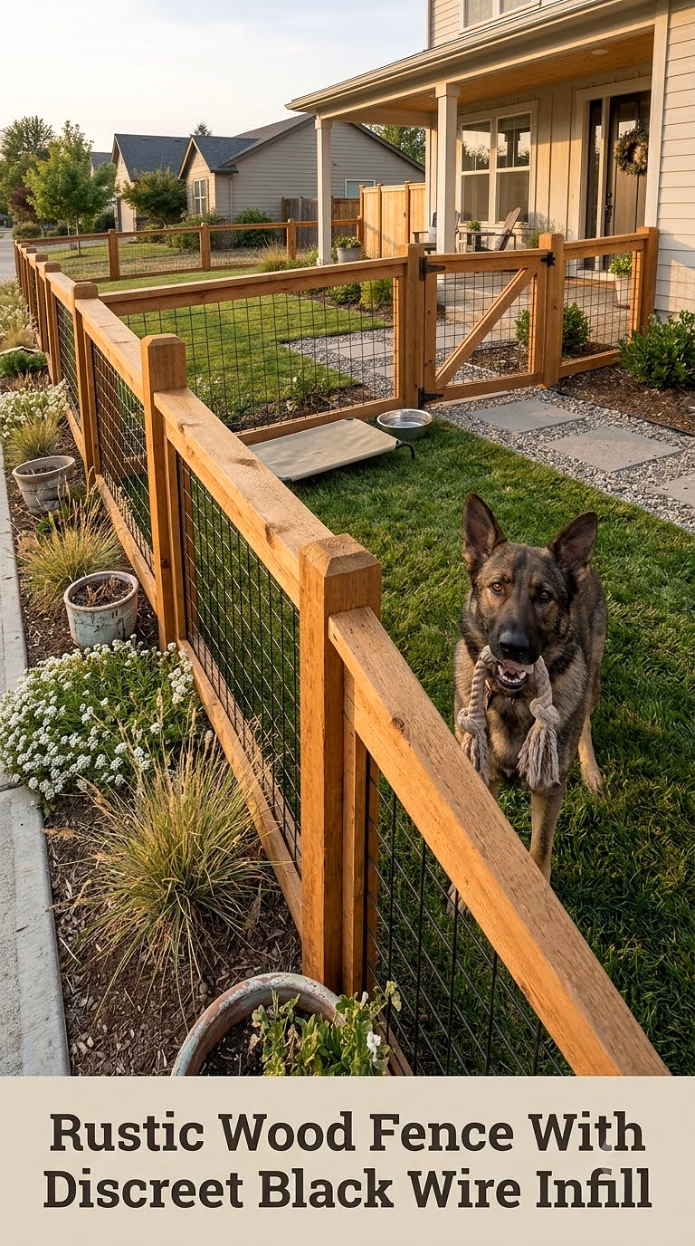 Rustic Wood Fence With Discreet Black Wire Infill