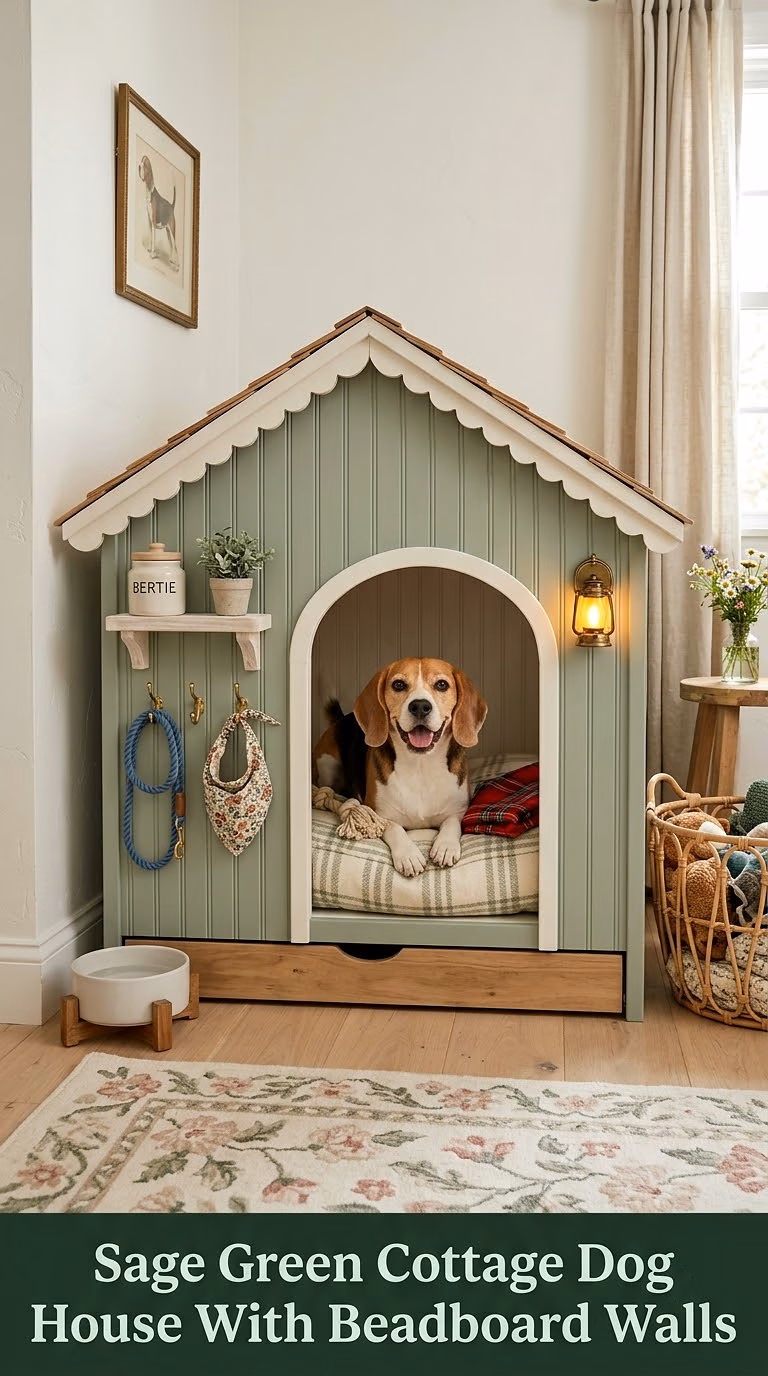 7. Sage Green Cottage Dog House With Beadboard Walls