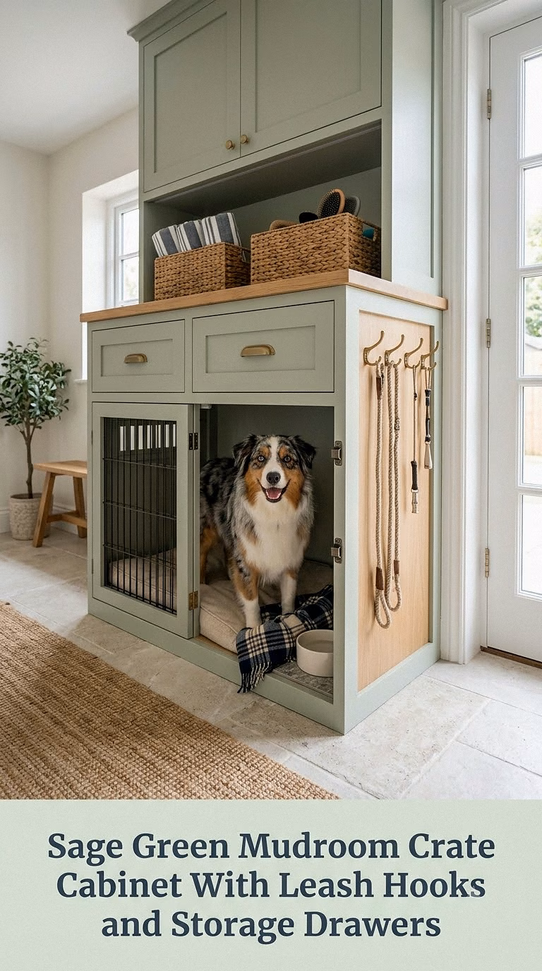Sage Green Mudroom Crate Cabinet With Leash Hooks and Storage Drawers