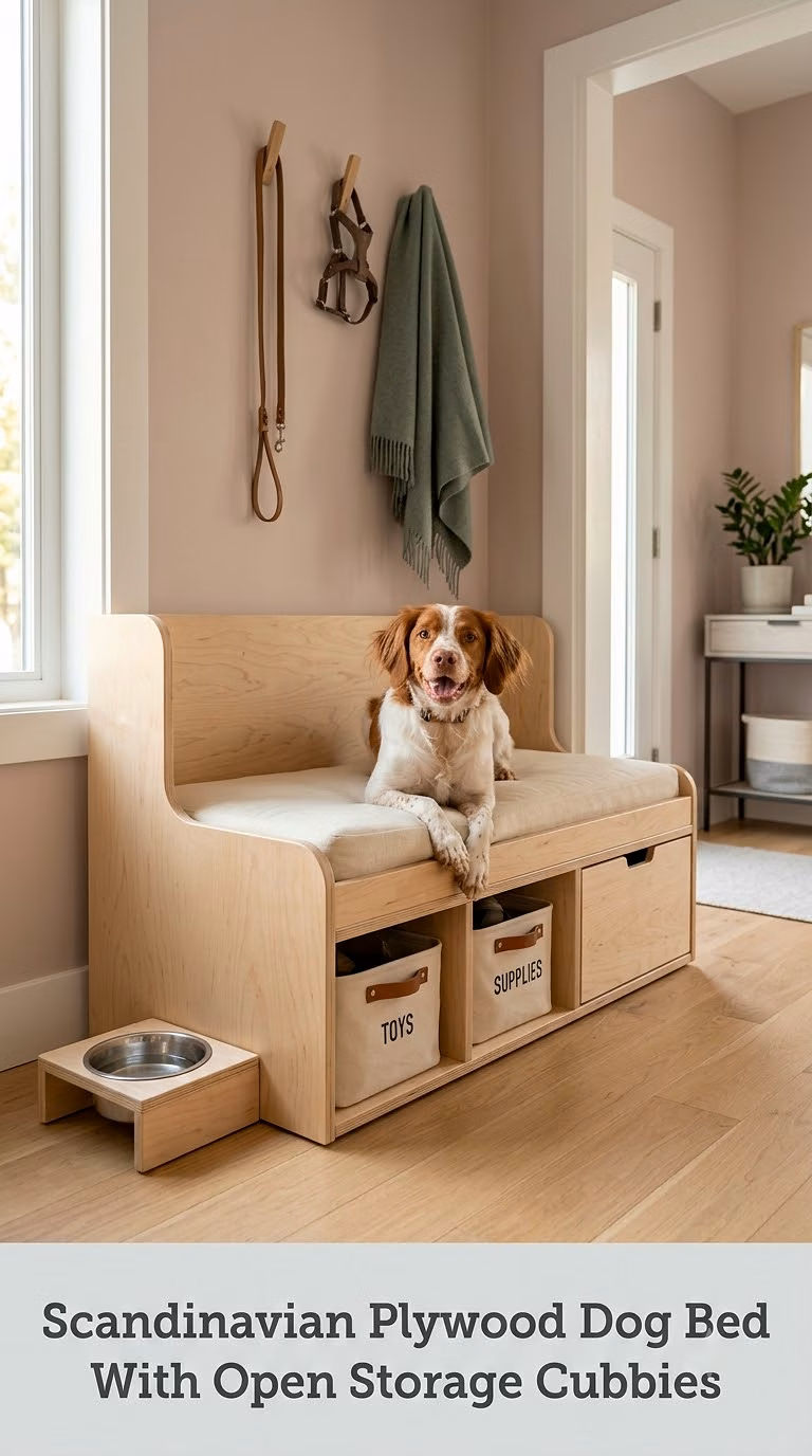 Scandinavian Plywood Dog Bed With Open Storage Cubbies