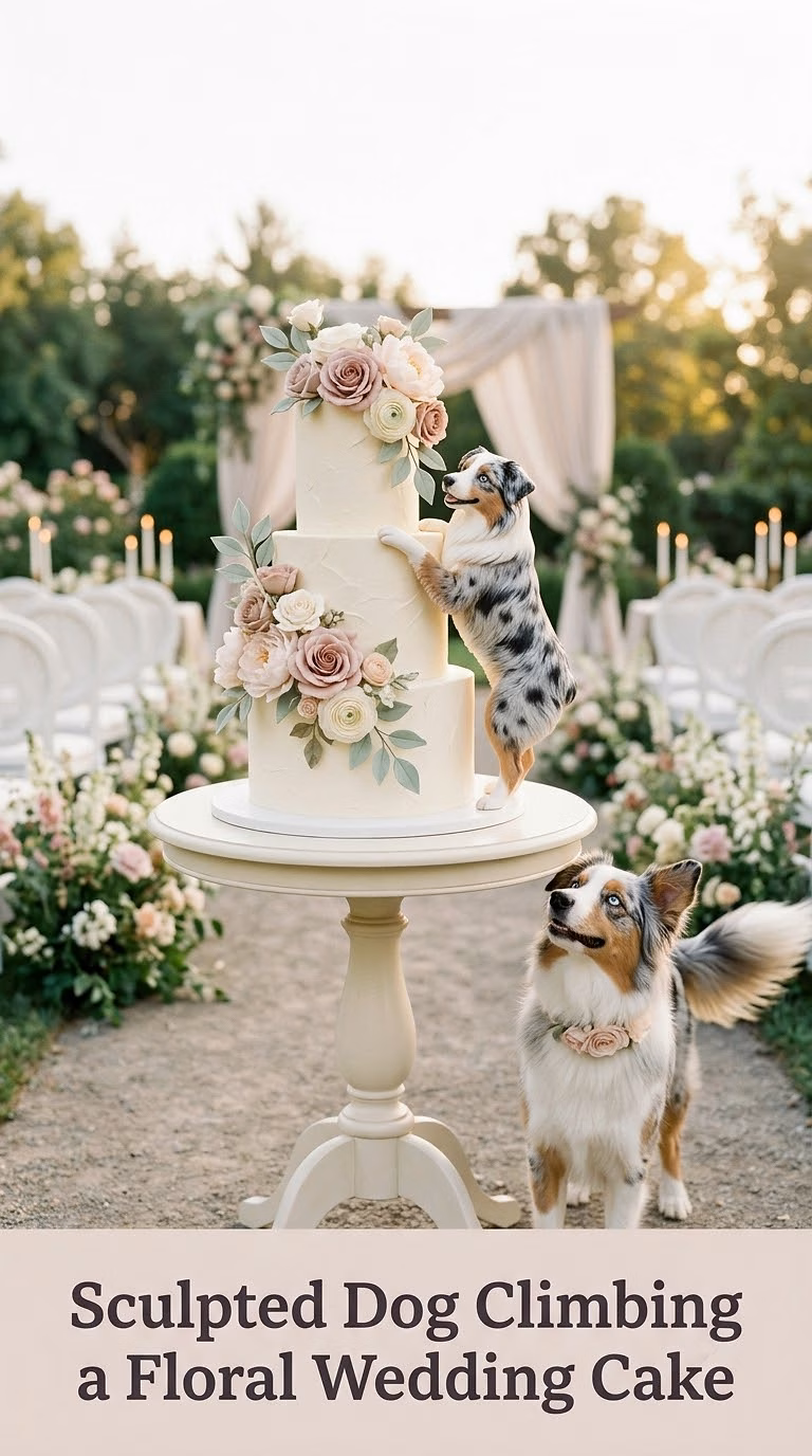 Sculpted Dog Climbing a Floral Wedding Cake