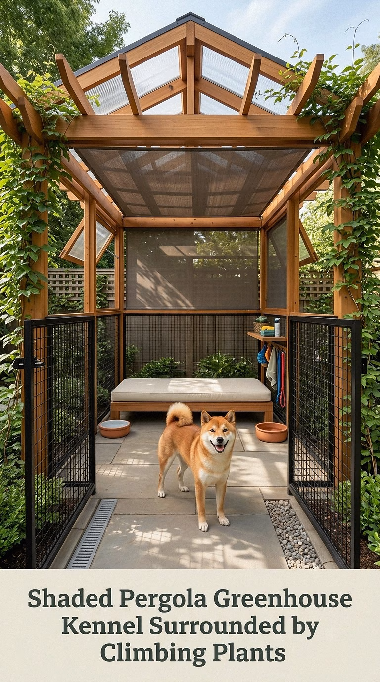 Shaded Pergola Greenhouse Kennel Surrounded by Climbing Plants