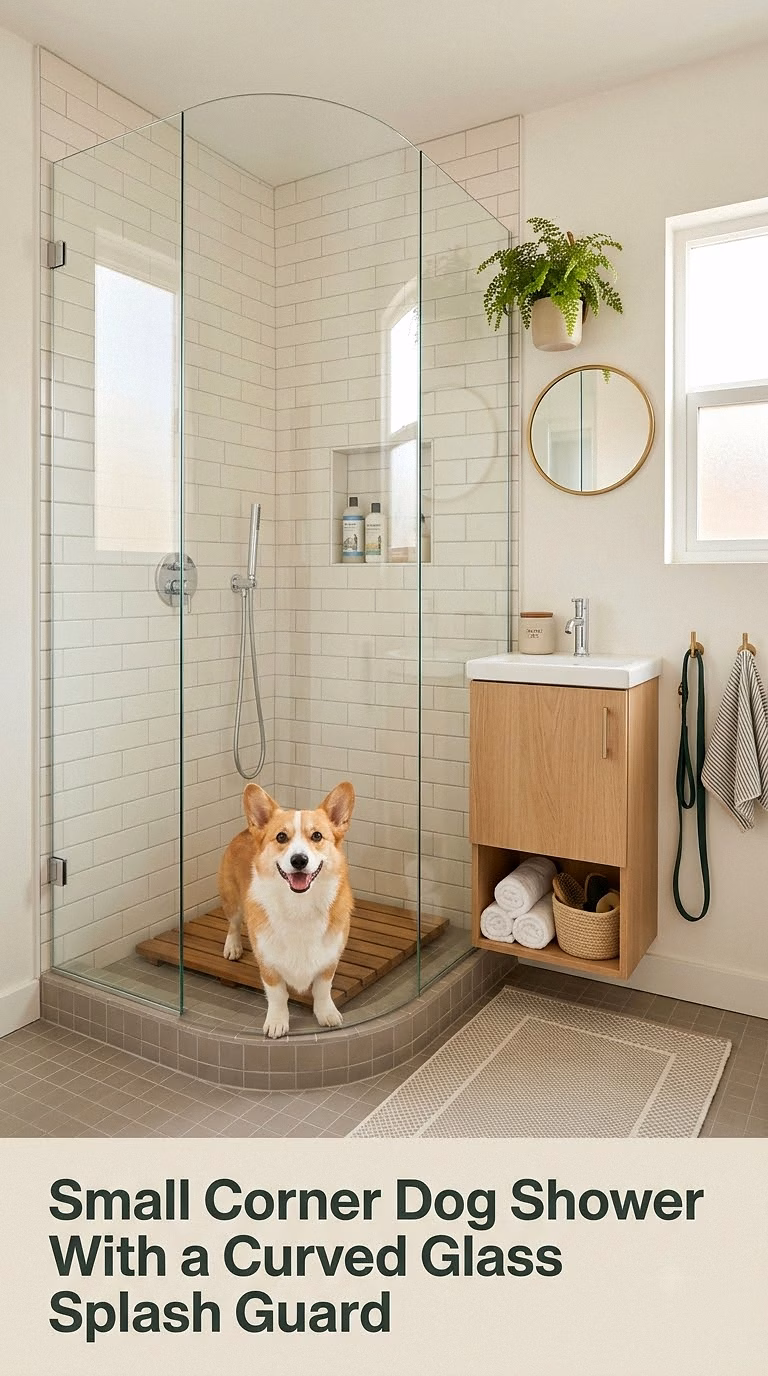 7. Small Corner Dog Shower With a Curved Glass Splash Guard