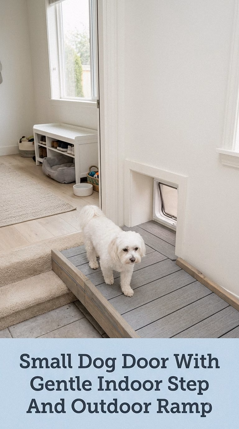 Small Dog Door With Gentle Indoor Step And Outdoor Ramp