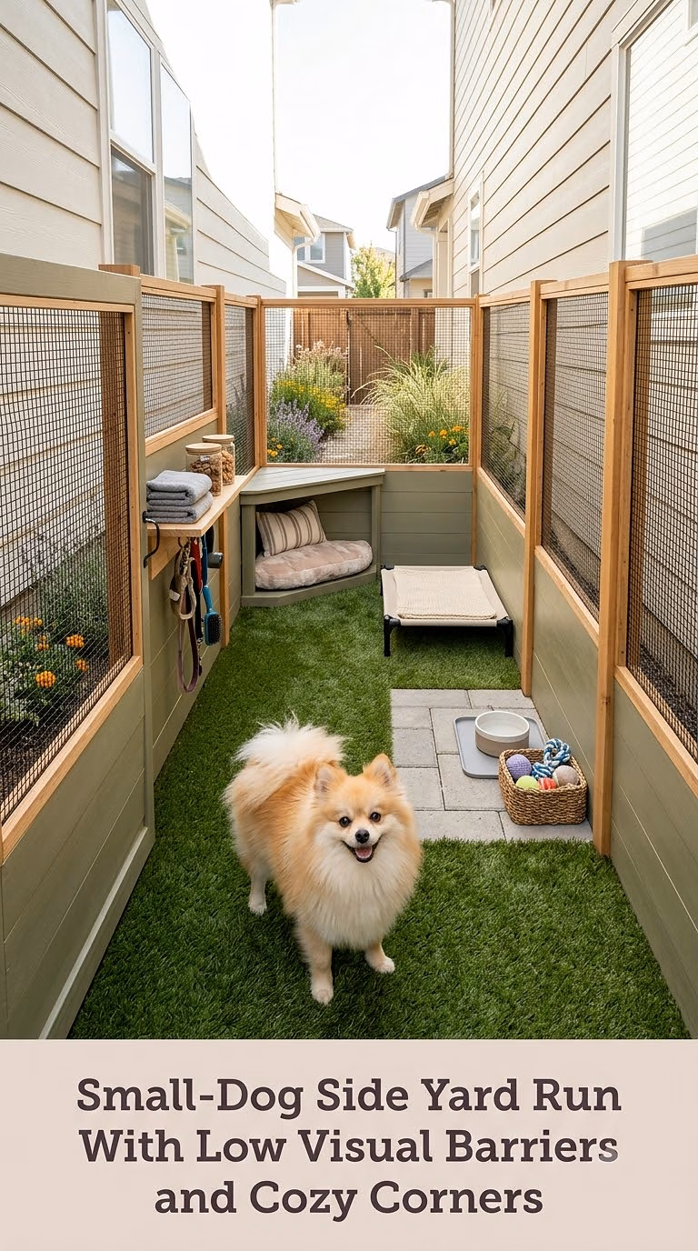 Small-Dog Side Yard Run With Low Visual Barriers and Cozy Corners