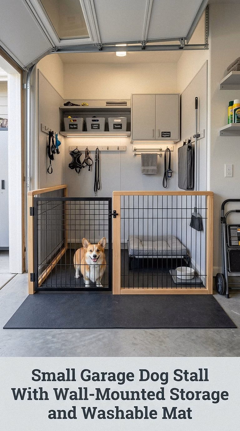 Small Garage Dog Stall With Wall-Mounted Storage and Washable Mat