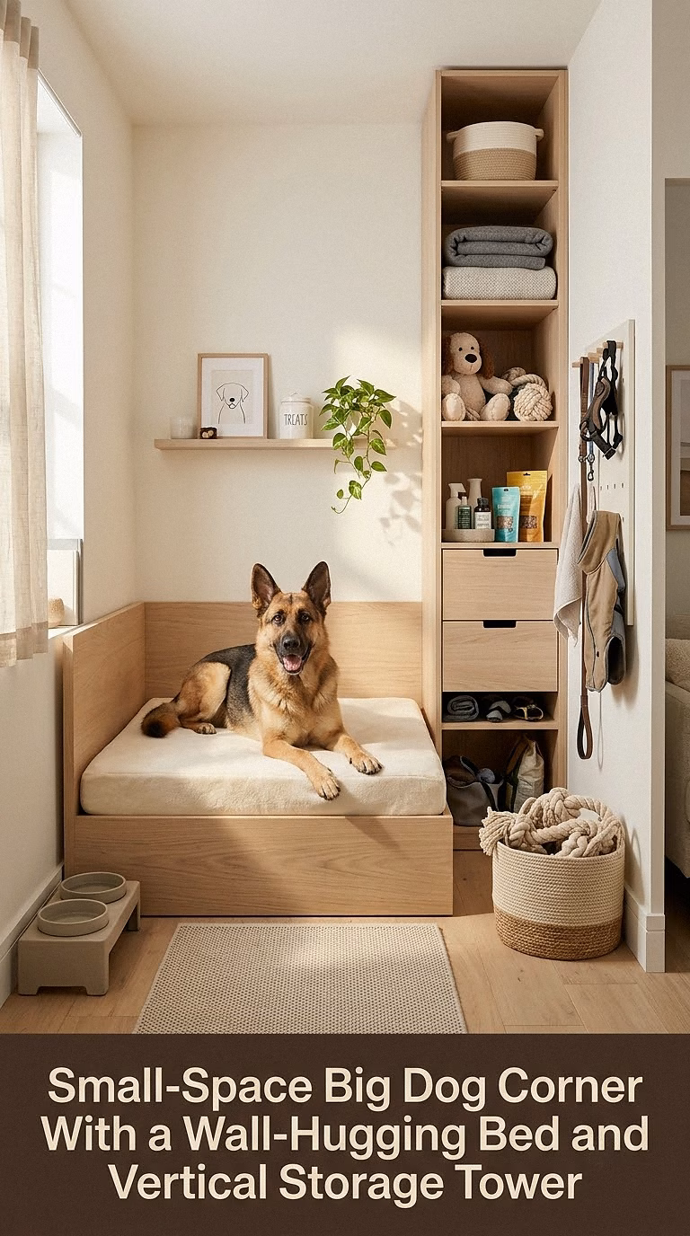 7. Small-Space Big Dog Corner With a Wall-Hugging Bed and Vertical Storage Tower