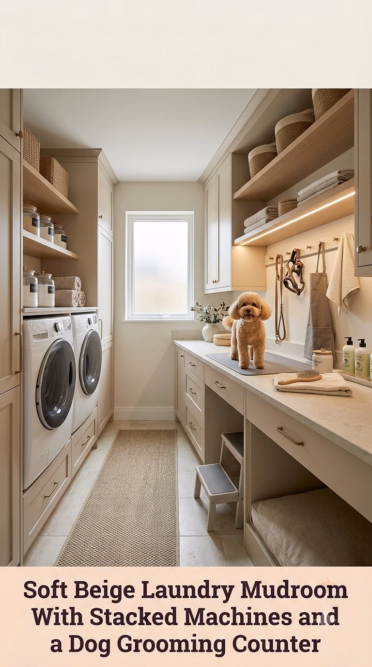 Soft Beige Laundry Mudroom With Stacked Machines and a Dog Grooming Counter