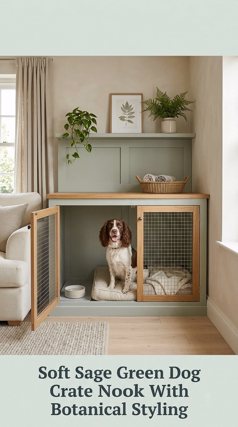 Soft Sage Green Dog Crate Nook With Botanical Styling