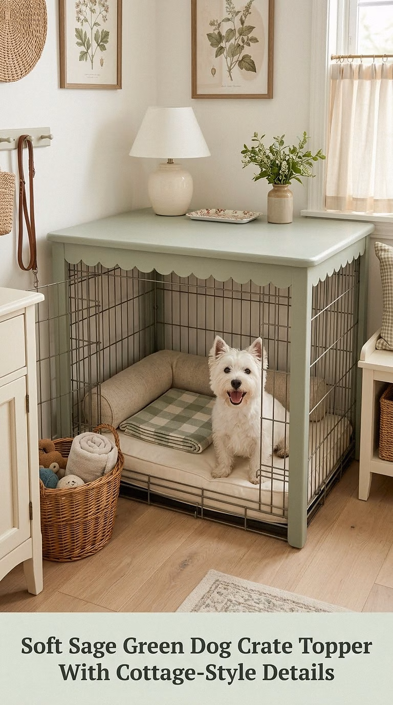 Soft Sage Green Dog Crate Topper With Cottage-Style Details