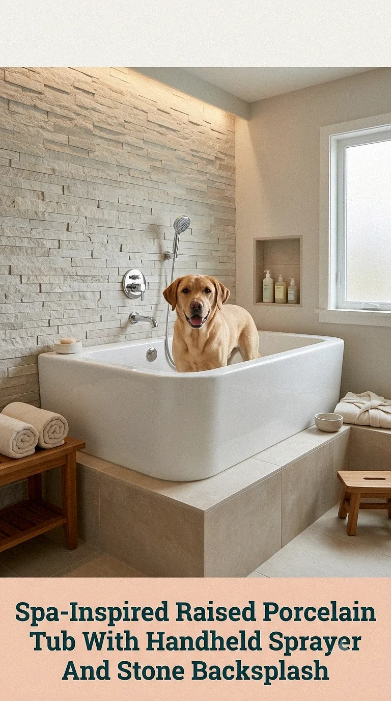 Spa-Inspired Raised Porcelain Tub With Handheld Sprayer And Stone Backsplash
