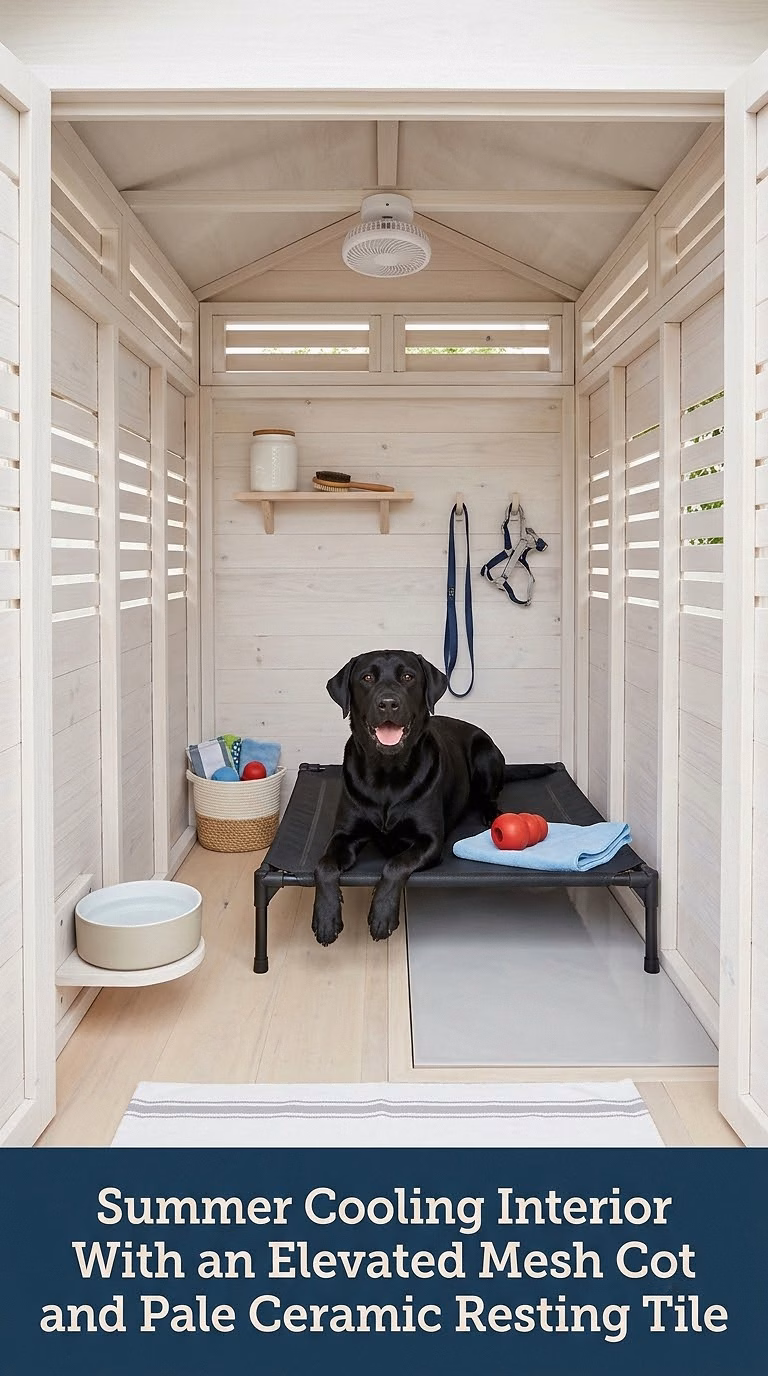 7. Summer Cooling Interior With an Elevated Mesh Cot and Pale Ceramic Resting Tile