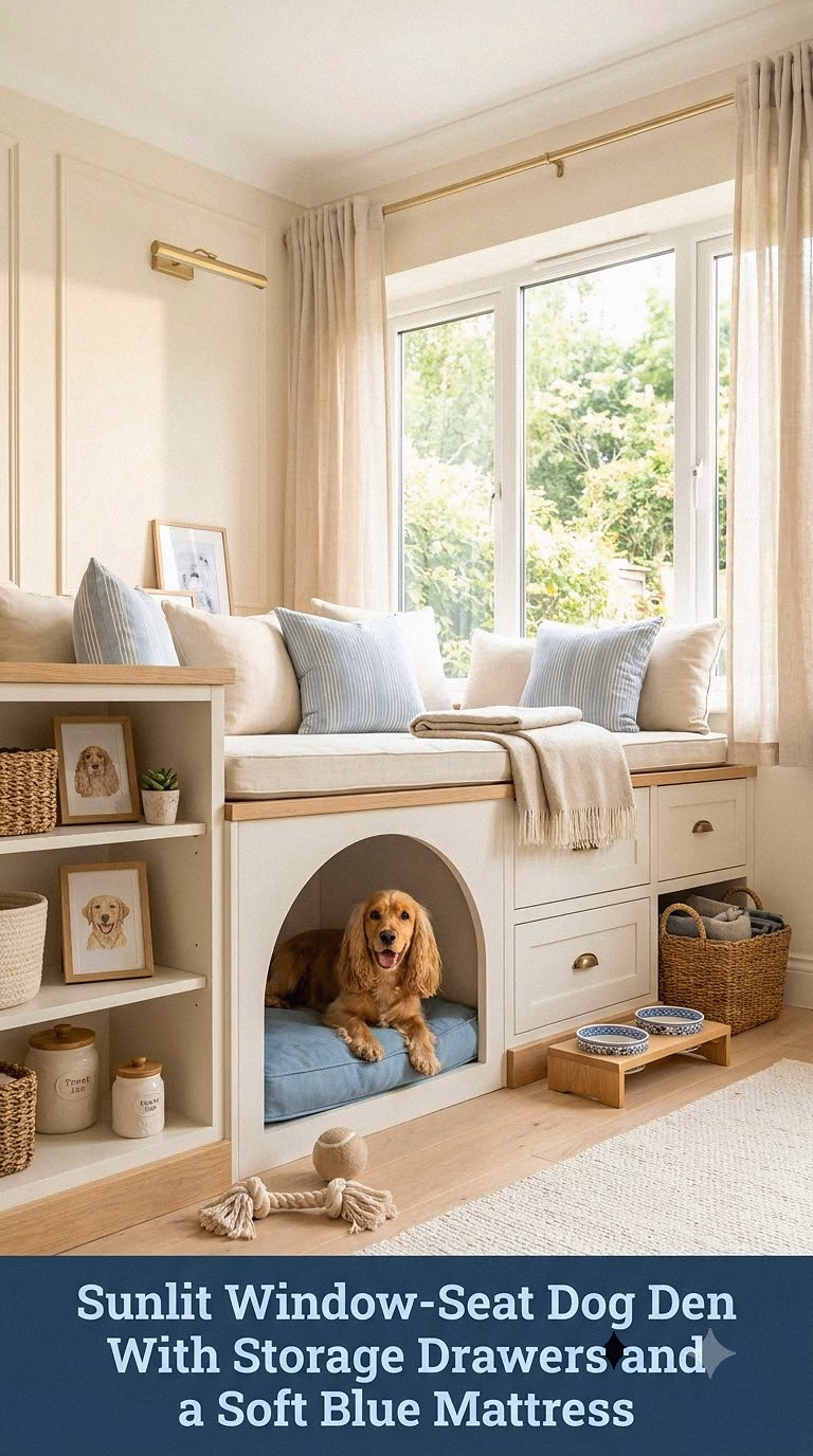7. Sunlit Window-Seat Dog Den With Storage Drawers and a Soft Blue Mattress