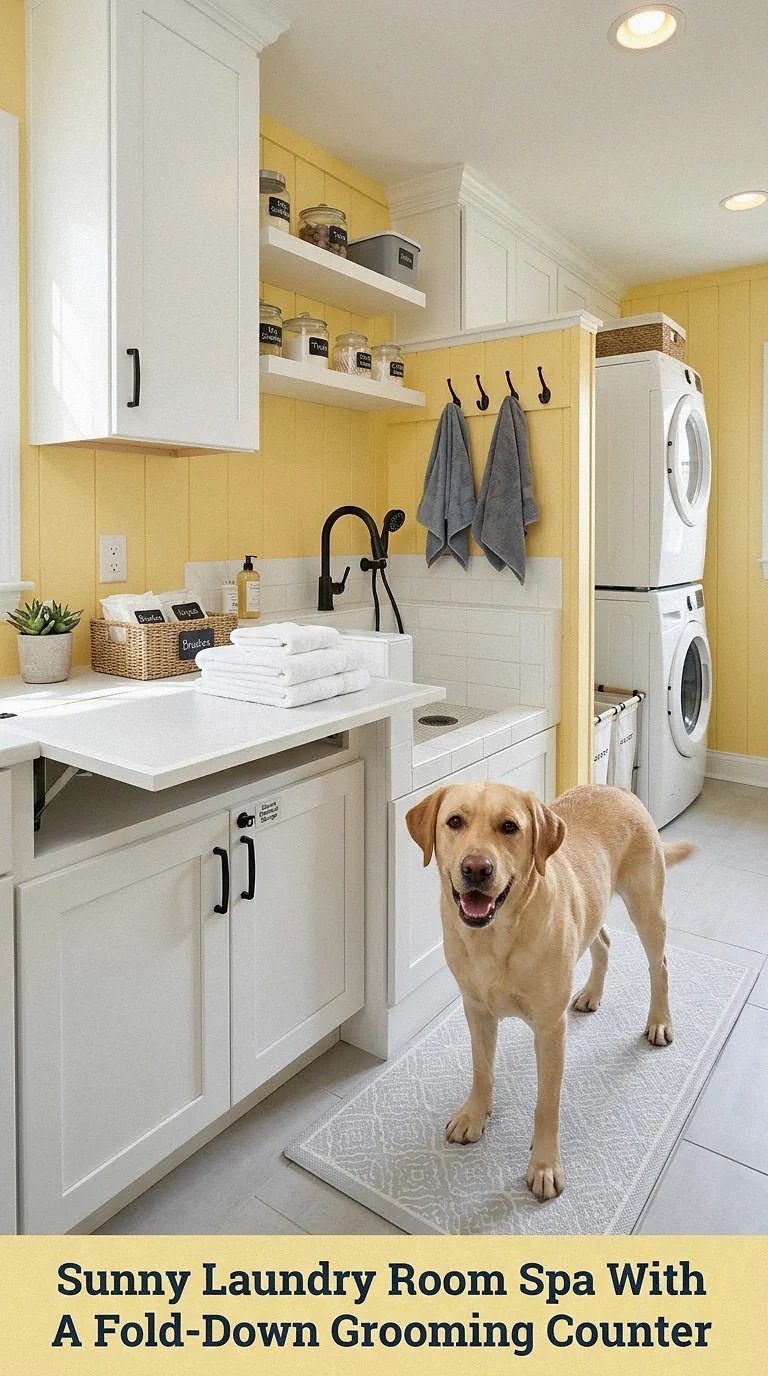 Sunny Laundry Room Spa With A Fold-Down Grooming Counter