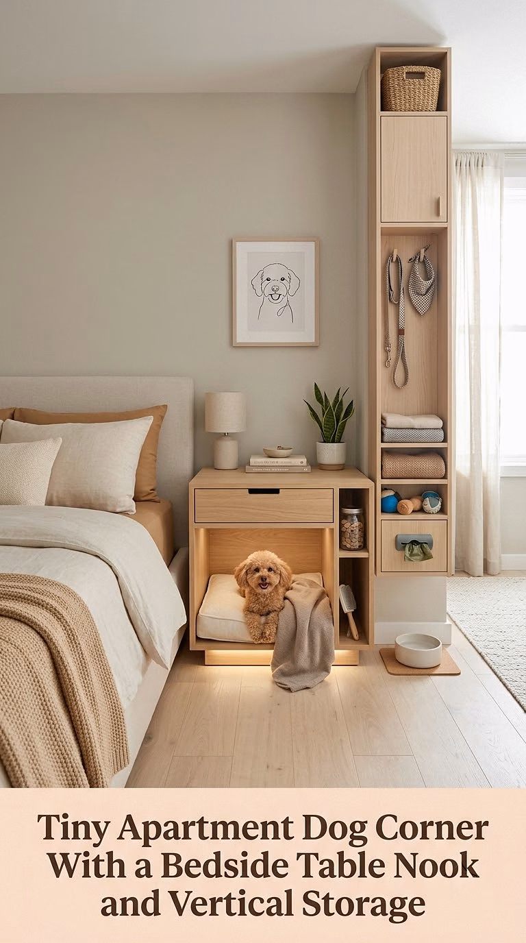 7. Tiny Apartment Dog Corner With a Bedside Table Nook and Vertical Storage