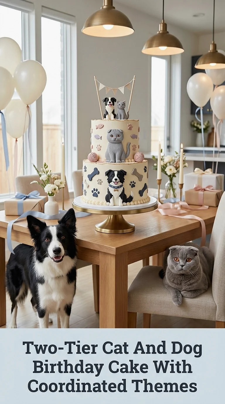 Two-Tier Cat And Dog Birthday Cake With Coordinated Themes