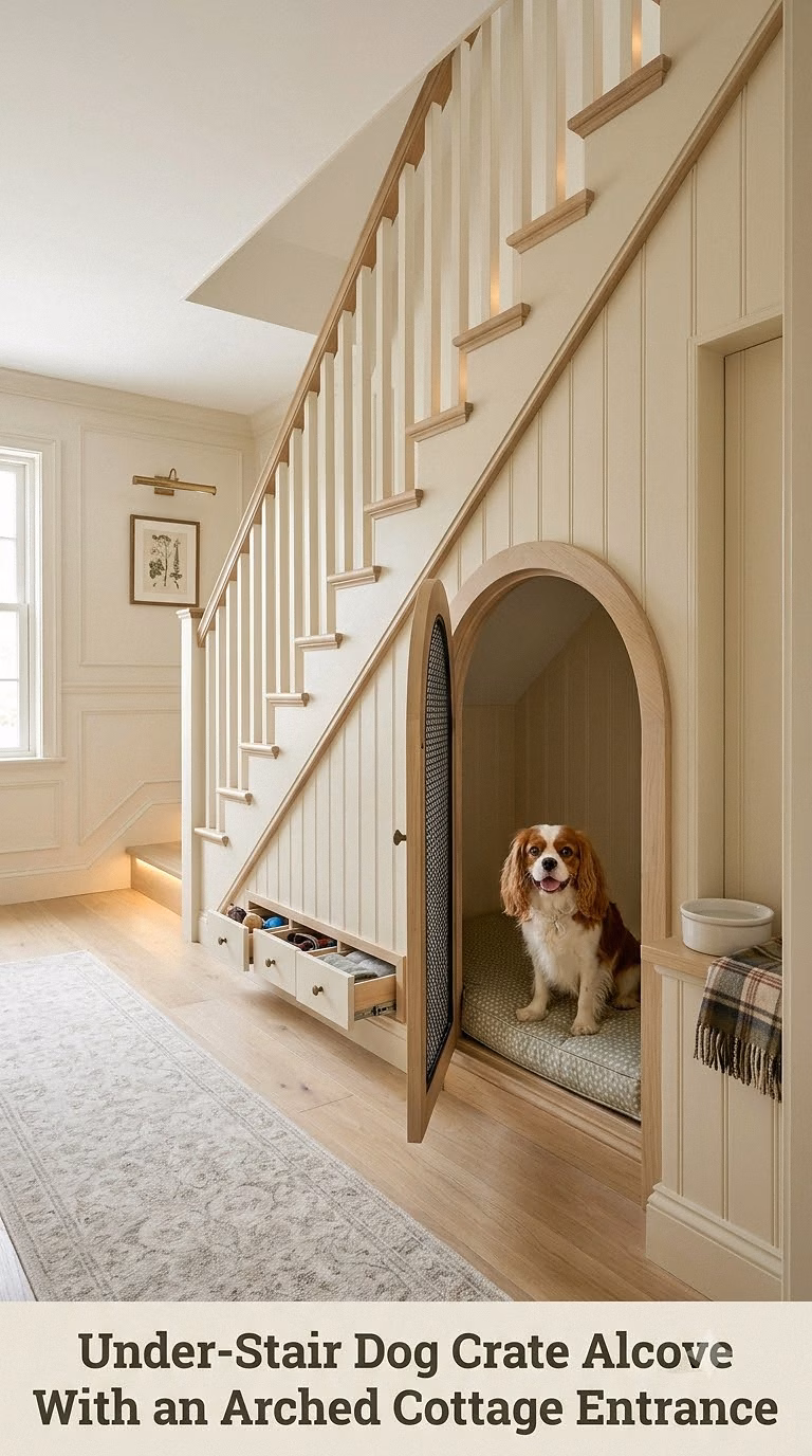 Under-Stair Dog Crate Alcove With an Arched Cottage Entrance