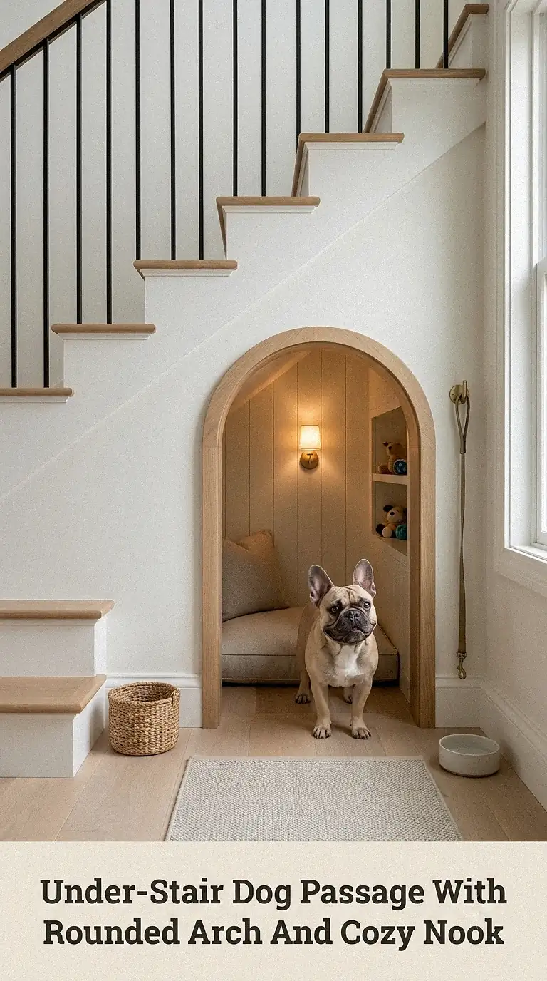 Under-Stair Dog Passage With Rounded Arch And Cozy Nook