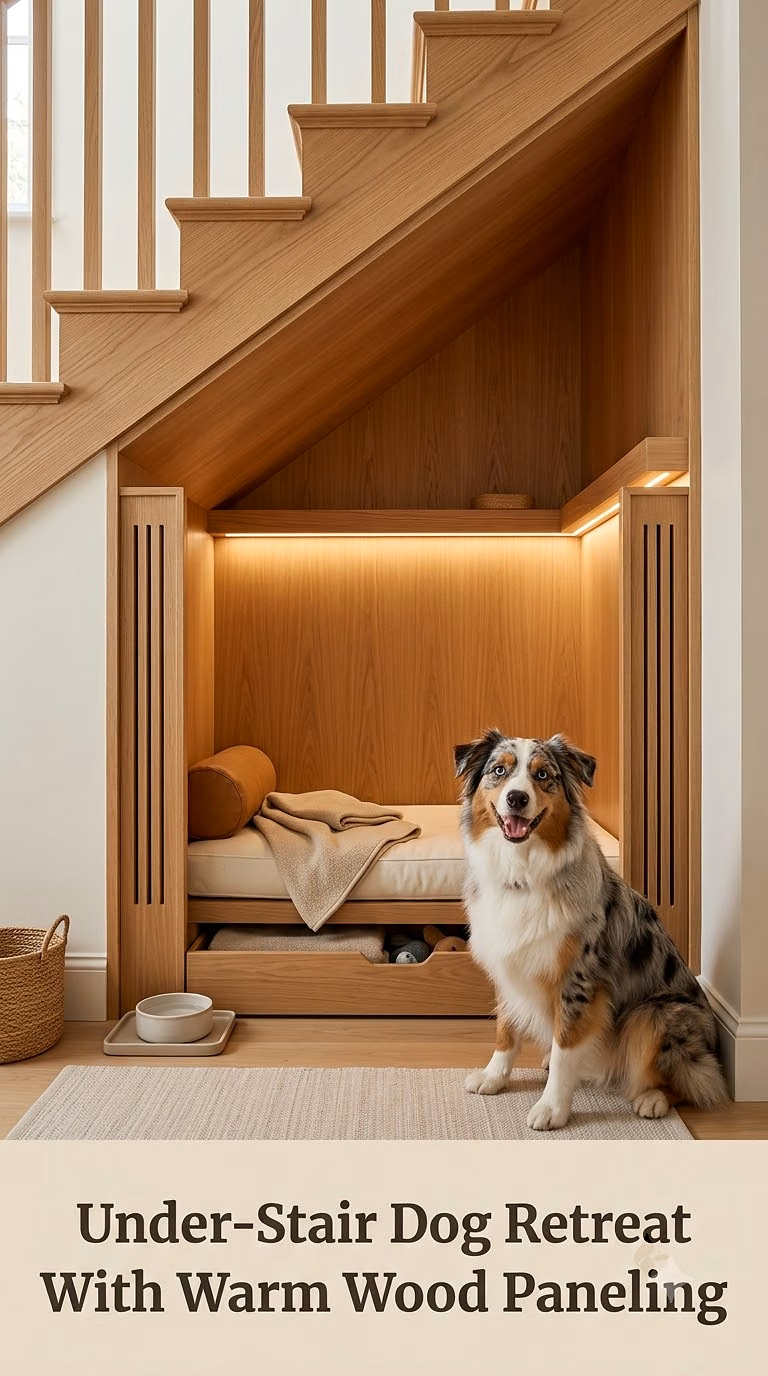 Under-Stair Dog Retreat With Warm Wood Paneling