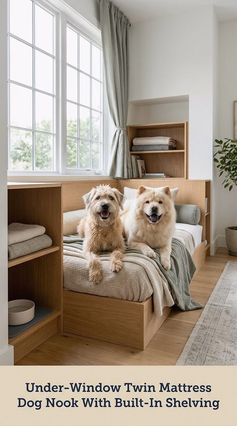 Under-Window Twin Mattress Dog Nook With Built-In Shelving