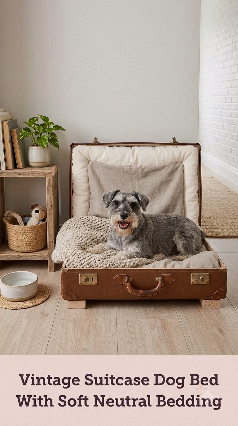 Vintage Suitcase Dog Bed With Soft Neutral Bedding