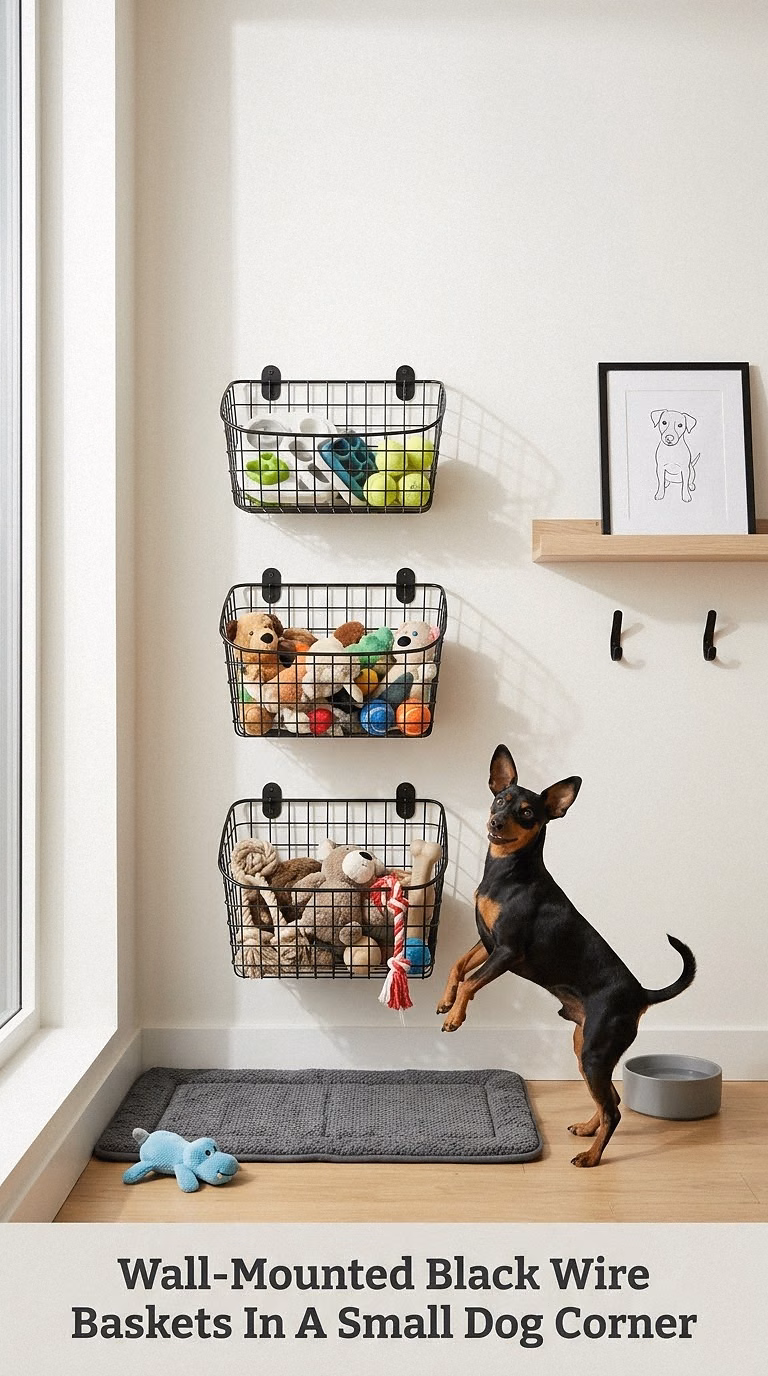 Wall-Mounted Black Wire Baskets In A Small Dog Corner