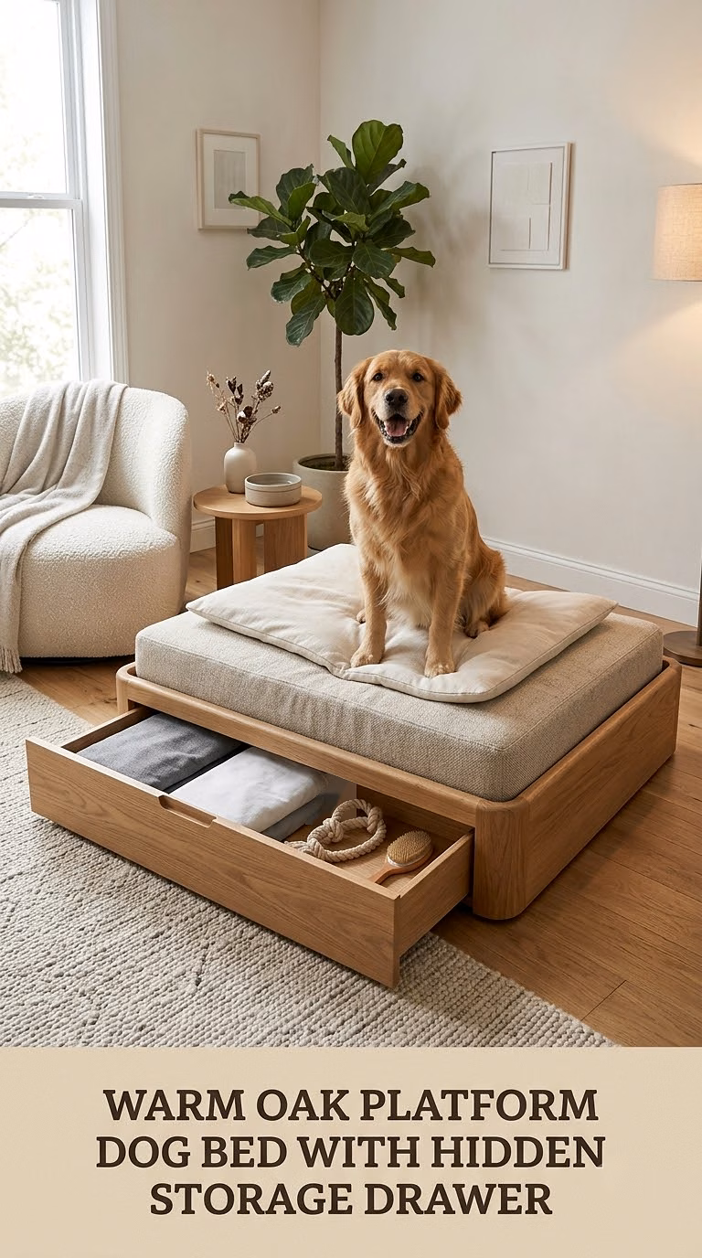 Warm Oak Platform Dog Bed With Hidden Storage Drawer
