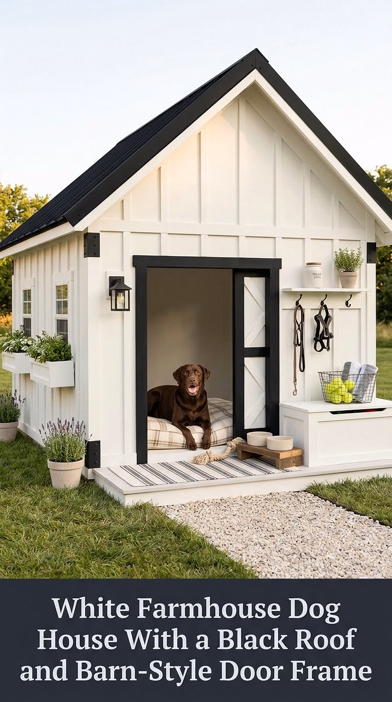7. White Farmhouse Dog House With a Black Roof and Barn-Style Door Frame