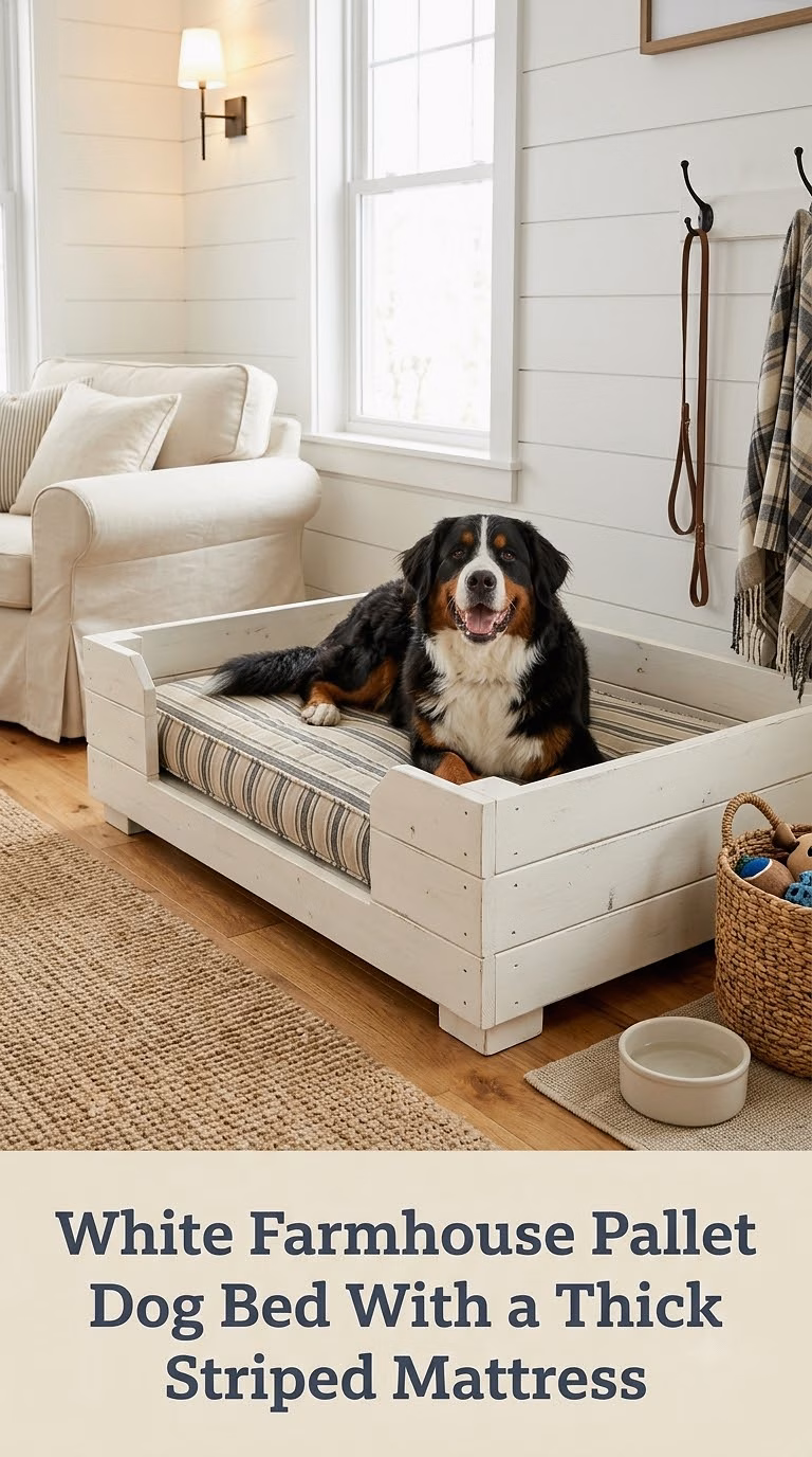White Farmhouse Pallet Dog Bed With a Thick Striped Mattress