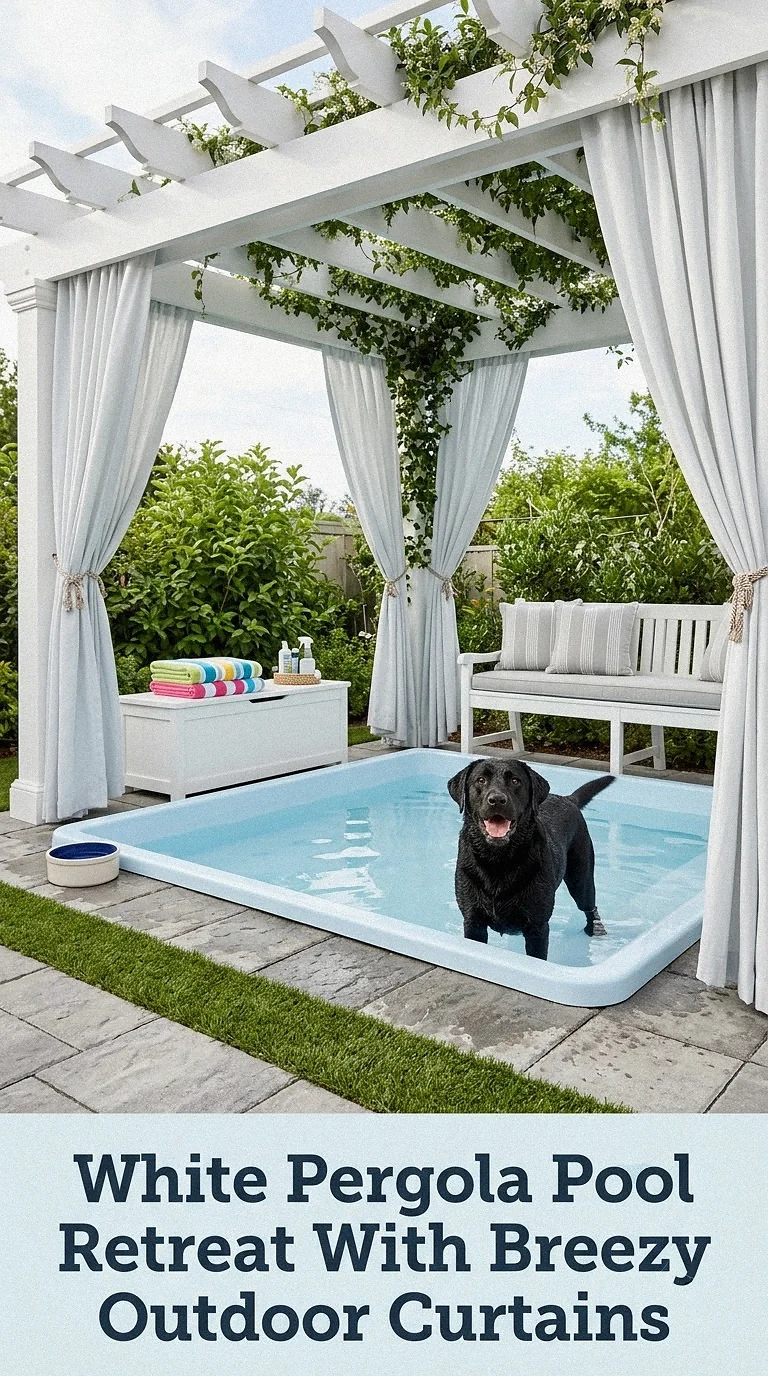 White Pergola Pool Retreat With Breezy Outdoor Curtains