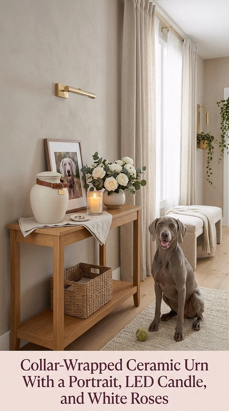 8. Collar-Wrapped Ceramic Urn With a Portrait, LED Candle, and White Roses