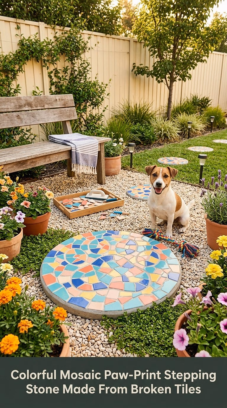 8. Colorful Mosaic Paw-Print Stepping Stone Made From Broken Tiles