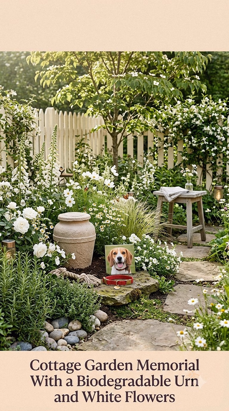 8. Cottage Garden Memorial With a Biodegradable Urn and White Flowers
