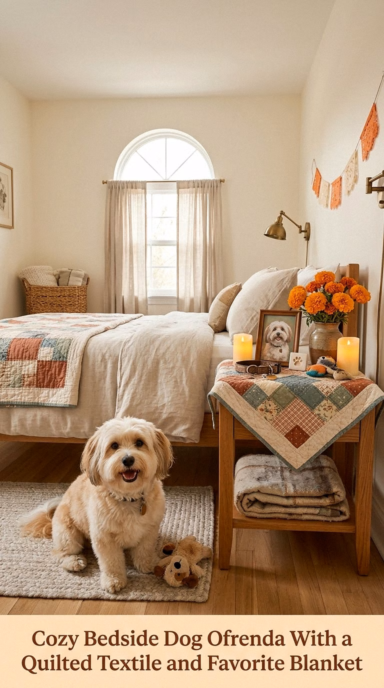 8. Cozy Bedside Dog Ofrenda With a Quilted Textile and Favorite Blanket