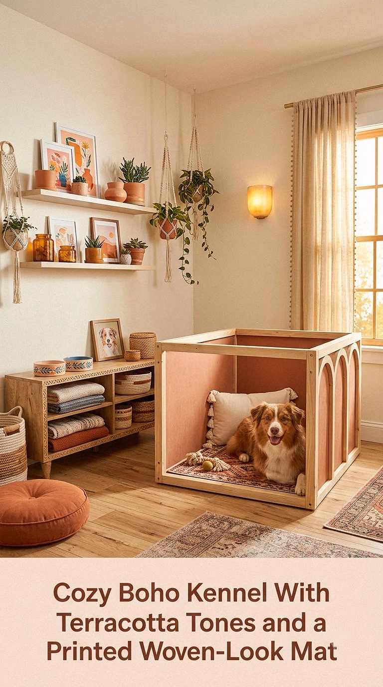 8. Cozy Boho Kennel With Terracotta Tones and a Printed Woven-Look Mat