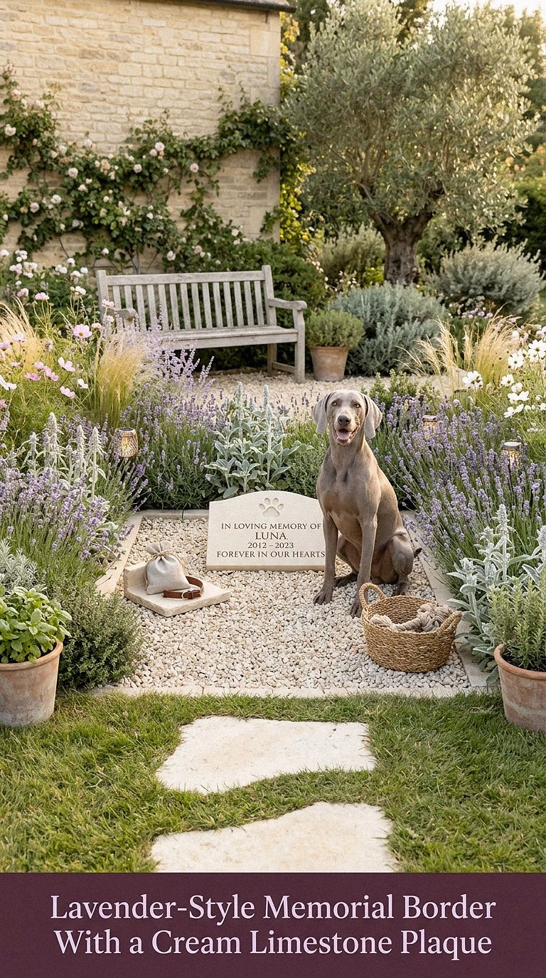 8. Lavender-Style Memorial Border With a Cream Limestone Plaque