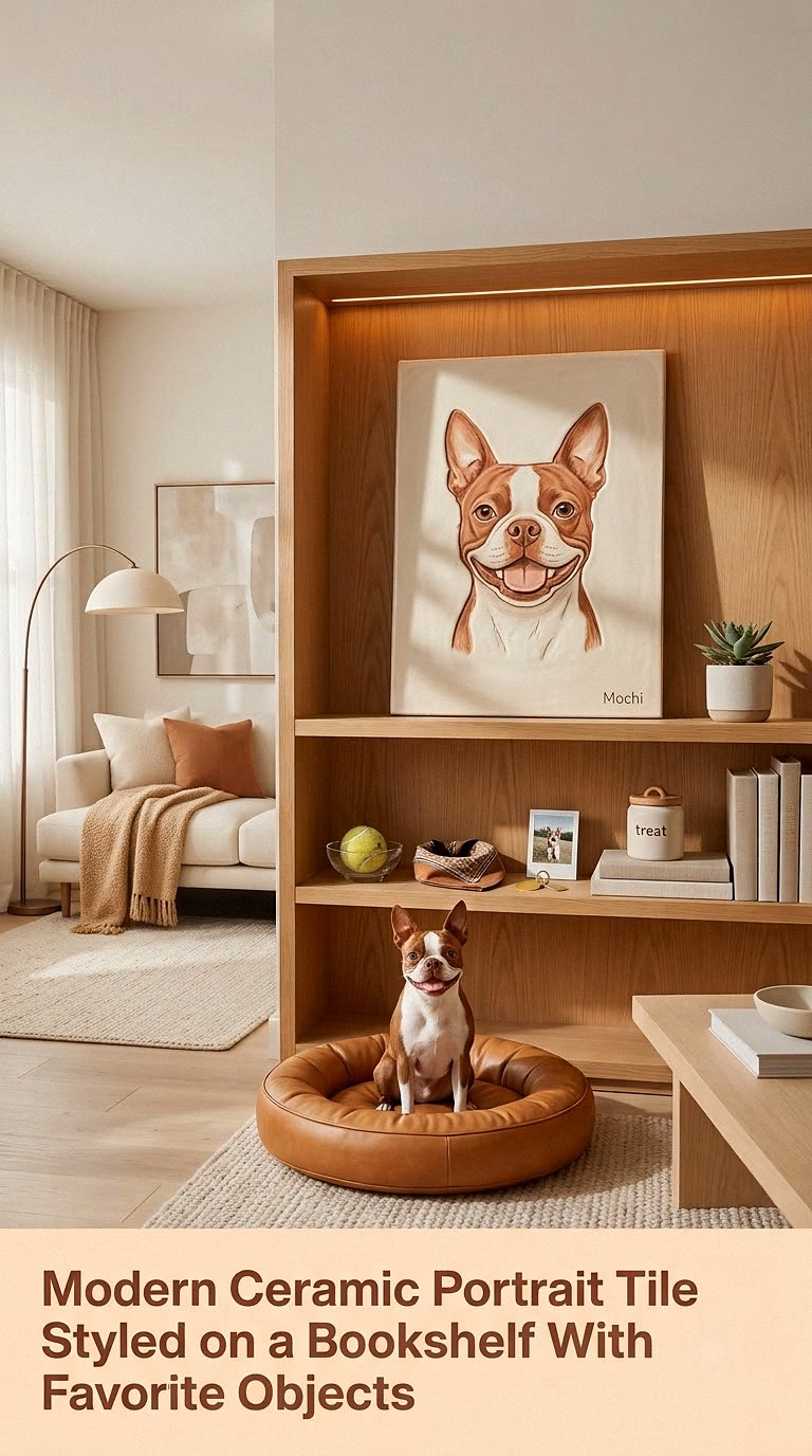 8. Modern Ceramic Portrait Tile Styled on a Bookshelf With Favorite Objects
